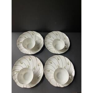 Yamaka Tea Set (4) Cup Saucer Snack Plate Japanese White China Asian Oriental